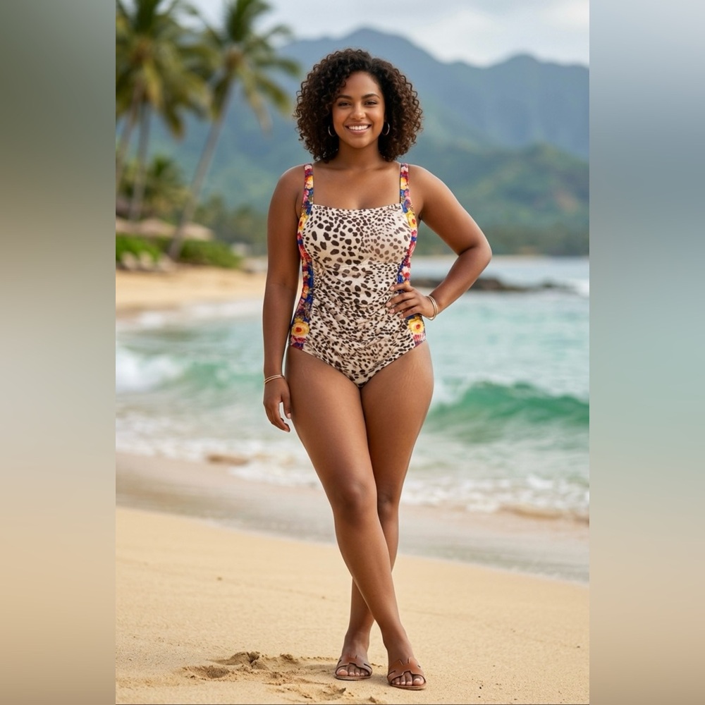 JOHNNY WAS Leopard Print One-Piece Swimsuit with Floral Trim - Beige